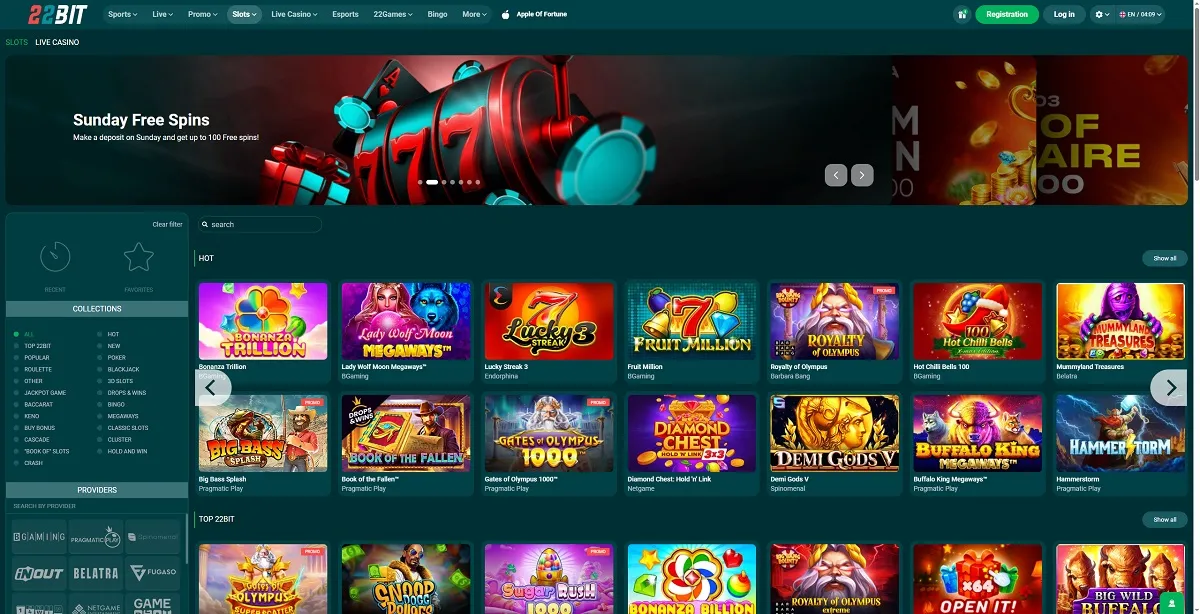 Spielauswahl in der mobilen Anwendung 22Bit Casino